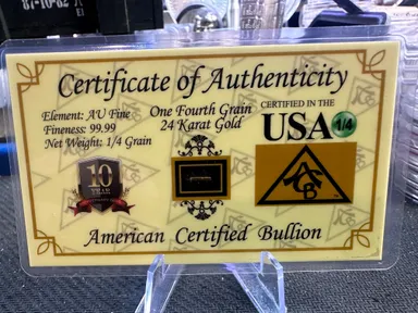 24K Gold - 99.99 AU Fine 1/4 Grain - American Certified Bullion card