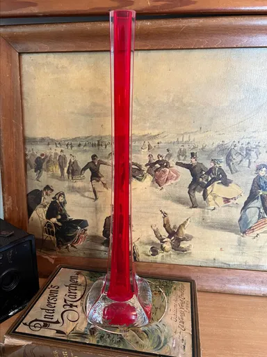 Tall Vintage Red Art Glass Vase Elephant Foot? Clear bottom tall skinny mid century modern