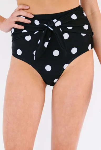 NWOT Black Polka Dot Print Front Tie High waisted swim bottoms  size large