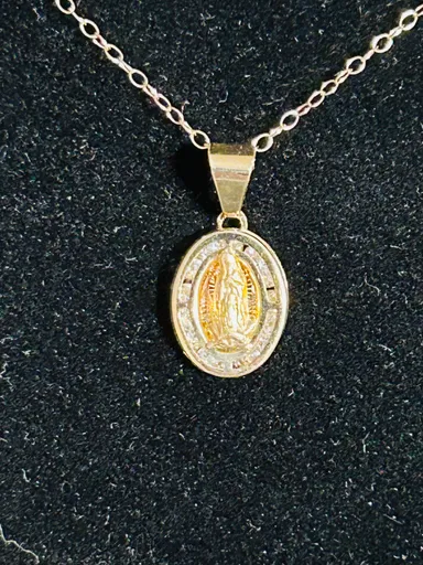 14k gold 16” chain link necklace with 14k gold Virgin Mary oval pendant encrusted with diamonds