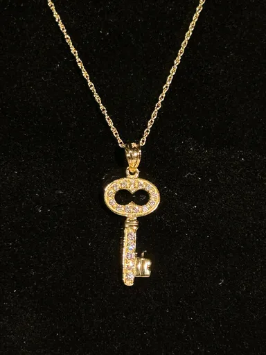 14k gold 16” chain link necklace with 14k gold key encrusted in diamonds pendant