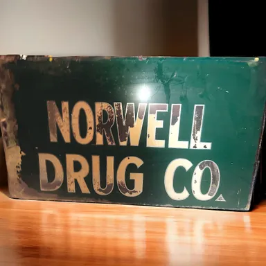 25.5” Vintage 1950s ‘Norwell Drug Co’ Reverse Painted Glass Store Sign Advertisement