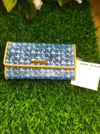 Anne Klein Elemental Blue AK Checkered Pattern Flap Wallet