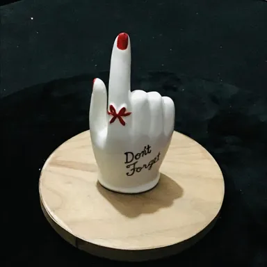 2. VINTAGE Ring Holder~Mini Porcelain Hand w/ Red Ribbon~Painted, Red Nails, "Don't Forget"