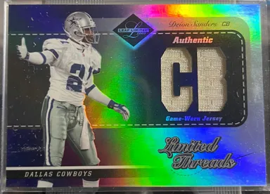 Deion Sanders /75 2003 Leaf Limited Position Limited Threads Game Worn Jersey Dual Patch SSP