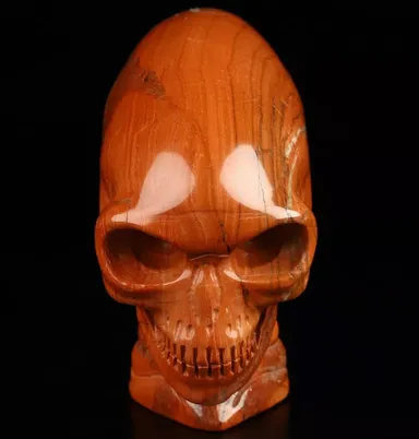 3.7" Red Jasper Hand Carved Elongated Mayan Alien Skull with Spine