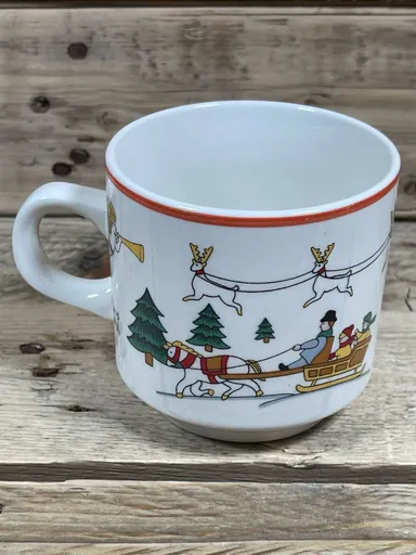 The Joy of Christmas Jamestown China Mug 3” White Sled Santa Tree Angel Deer Cup