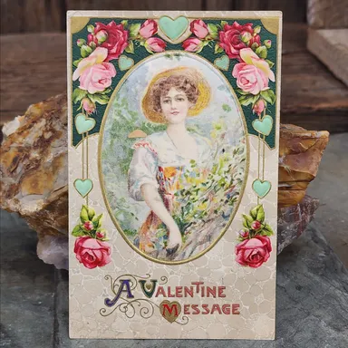 1911 Valentine Message Woman Flowers Valentine's Day Card Antique Postcard (WNB1-308)