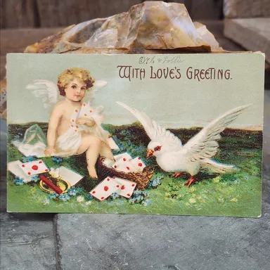1908 German Cupid Playing Cards Dove Valentine Card Antique Postcard (WNB1-310)