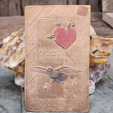 Leather Post Card Heart Birds w/ Shamrock Four Leaf Clover Antique Postcard (WNB1-315)