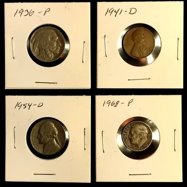 Lot of 4 U.S. Coins  1936 P Nickel, 1941 D Penny, 1954 D Nickel, 1968 P Dime