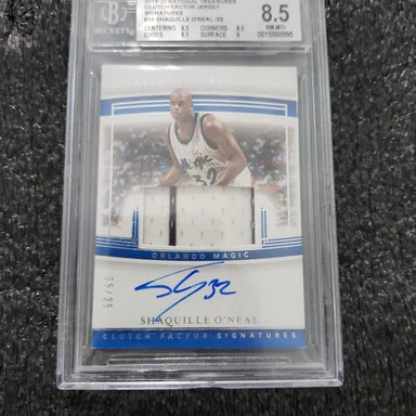 2019-20 National Treasures Clutch Factor Jersey Signatures Shaquille O'Neal BGS Gem NM-MT+ 8.5