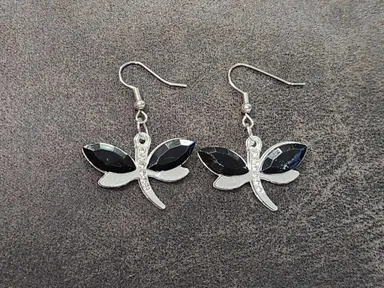Black Rhinestone Dragonfly Earrings  