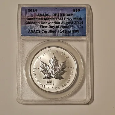 CANADA 2014 $5 SILVER MAPLE LEAF ANACS RP70 DCAM FIRST DAY OF ISSUE PRIVY MARK