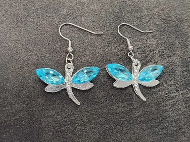 Blue Rhinestone Dragonfly Earrings 