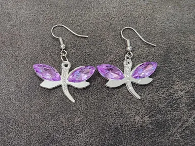 Purple Rhinestone Dragonfly Earrings  