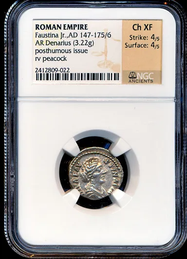 F30 NGC Ch XF Faustina II The Younger 147-176 AD Roman Imperial Silver Denarius Ancient coin