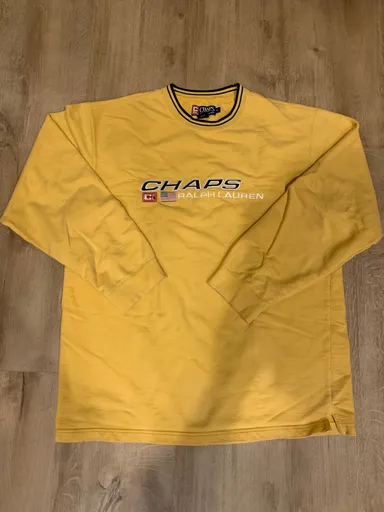 Vintage Men's Chaps Ralph Lauren Big Logo Crewneck Sweatshirt Pastel Yellow XL Y2K USA Flag
