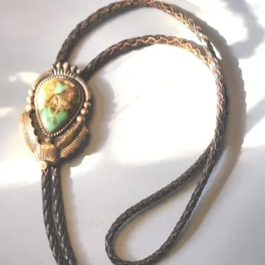 Vintage SL Native American Indian Bolo Tie Slide Sterling Silver Turquoise 48.3g