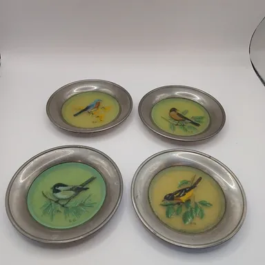 Stieff Pewter Grace Gilmore Painted Fiberglass Bird Coasters Set of Four