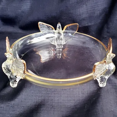 Vintage Three Toed Eagle Bowl, Jeannette Glass, Winged Eagles, Clear Glass, Candy Dish, Gold Trim