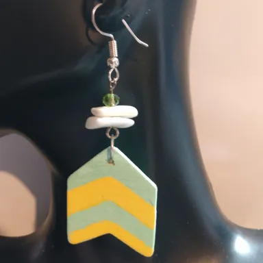 yellow and blue wood with shell earrings