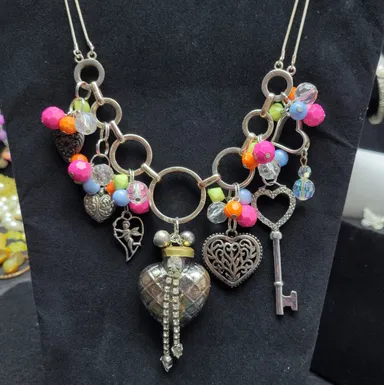 Handmade Artisan Repurposed Vintage Jewelry Heart Cha-Cha Charm Necklace 