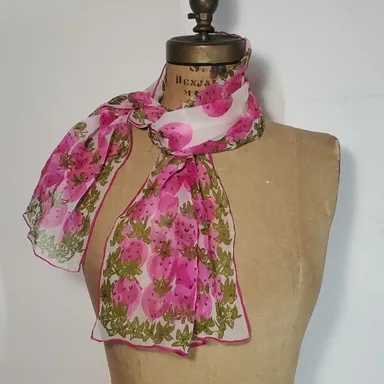 Usra Silk Scarf Strawberry Floral Pink Green Watercolor Hand Rolled Edges 42x13"