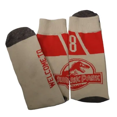 Mens Welcome To Jurassic Park Beige & Red Crew Socks Socks New Without Tags