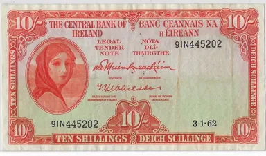  Ireland Republic 10 Shillings 3.1.62, P-63 VF, Lady Hazel Lavery + Gift IR10