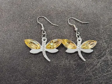 Yellow Rhinestone Dragonfly Earrings  