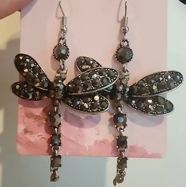 Charcoal Gray Gem Dragonfly Earrings