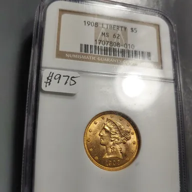 1908 Liberty Head $5 gold coin