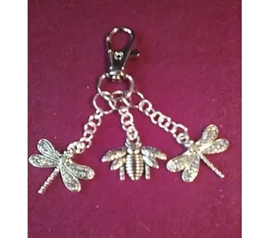 Bag Charm Bee + 2 Dragonflies Silver-tone Or Zipper Pull Handcrafted New