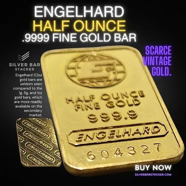 Vintage Engelhard 1/2oz .9999 Fine Pure Fractional Gold 'E Logo' Bar
