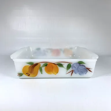 Fire King Fruit Baking Dish Gay Fad Milk Glass Square Cottage Core Retro Vintage