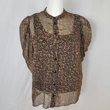 Ted Baker Chiffon Animal Print Exaggerated Shoulder Button Front Blouse Size 3