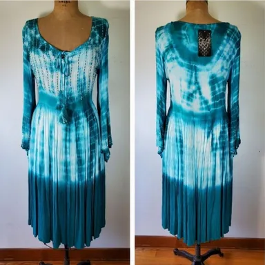 NF Size M Dress Tie Dye Teal Turquoise White Long Bell Sleeve Scoop Neck Midi