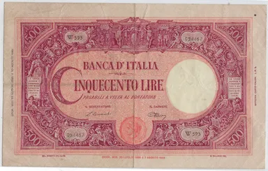 1946 Italy 500 Lire Vintage VF Fancy Serial Number Broken Ladder Prefix W IT500