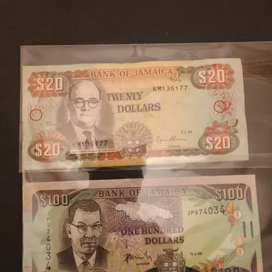 1995 $20 and 1999 $100 Jamaica Banknotes Foreign Currency