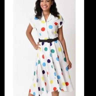 V7 - Unique Vintage White & Multicolor Polka Dots Make Me Over Flare Dress