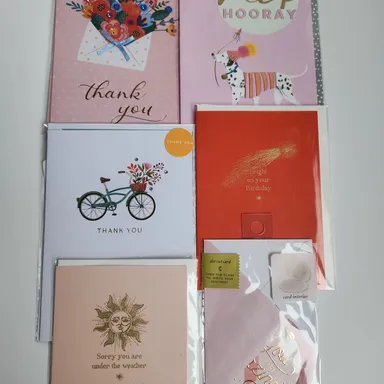 Set of six greeting cards.  Includes birthday,  thank you,  feel better and encouragement