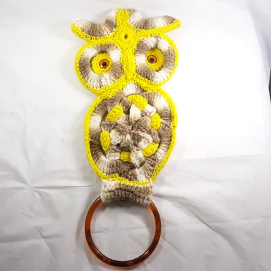 Vintage Crochet Yellow Brown 70s Owl Wall Hanging Towel Holder Boho Towel Ring