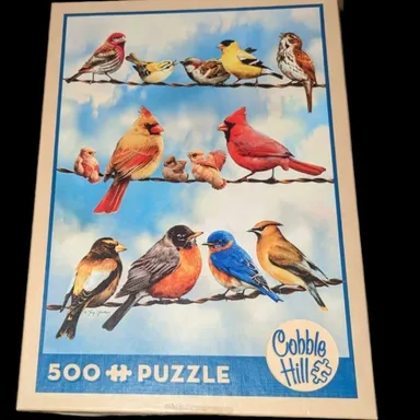 500 PIECE COBBLE HILL PUZZLE BIRDS ON  WIRE W/ POSTER COMPLETE
