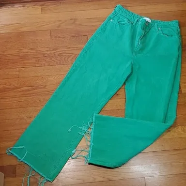 Zara Size 10 Jeans 100% Cotton Denim High Rise Wide Straight Leg Green 5 Pocket