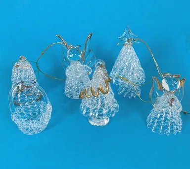 Spun Glass 3D Ornaments Christmas Trees Basket Angels Bell 6 Piece Vintage