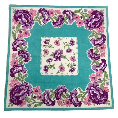 Purple Pink Floral Cotton Handkerchief Hand Rolled Vintage Cottage Core Granny