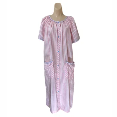 Smart Time Large Stripe Housecoat Housedress Pink Snaps Pockets Robe Duster Vintage