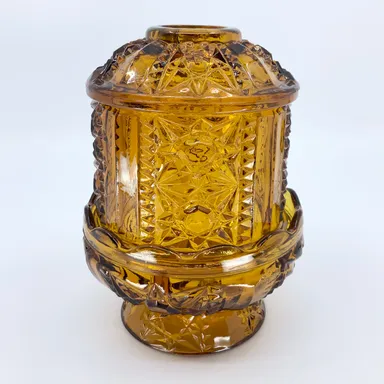 Vintage Amber Indiana Glass Stars and Bars Fairy Lamp Votive Candle Holder 6.25”