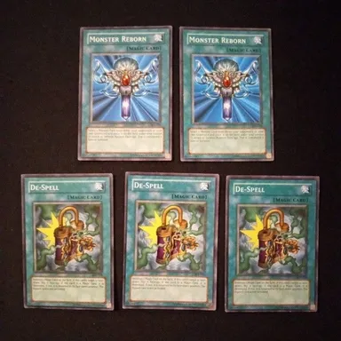 Lot of 5 Vintage 1996 Yu-Gi-Oh Spell Cards Monster Reborn & De-Spell Unlimited Edition